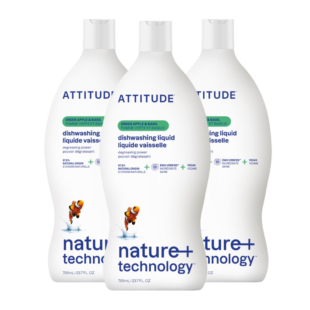 ATTITUDE Dish Soap, EWG Verified, Plant-Based & Vegan Dishwashing Liquid, Naturally Derived, Green Apple and Basil, 23.7 Fl Oz (Pack of 3)