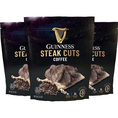 Guinness Steak Cuts, Coffee, 3 Pack (2.5 Ounce Bags) Tender Real Steak Snack Marinated in Guinness 0.0 Rich Espresso Flavor Jerky Beef Snack, High Protein, No Nitrates, Clean Ingredients