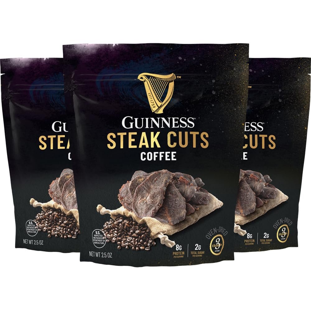 Guinness Steak Cuts, Coffee, 3 Pack (2.5 Ounce Bags) Tender Real Steak Snack Marinated in Guinness 0.0 Rich Espresso Flavor Jerky Beef Snack, High Protein, No Nitrates, Clean Ingredients