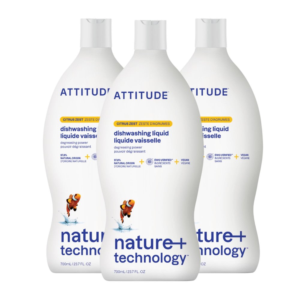 ATTITUDE Dish Soap, EWG Verified, Plant-Based & Vegan Dishwashing Liquid, Naturally Derived, Citrus Zest, 23.7 Fl Oz (Pack of 3)