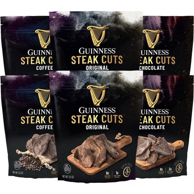 Guinness Steak Cuts, Variety Pack, 6 Pack (2.5 Ounce Bags) Original, Chocolate and Coffee Flavors - Tender Real Steak Snack Marinated in Guinness 0.0 - Jerky Beef Snack, High Protein, No Nitrates, Clean Ingredients