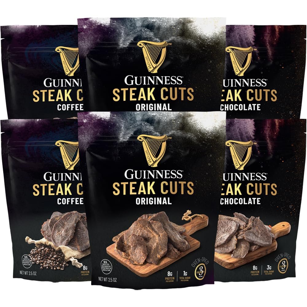 Guinness Steak Cuts, Variety Pack, 6 Pack (2.5 Ounce Bags) Original, Chocolate and Coffee Flavors - Tender Real Steak Snack Marinated in Guinness 0.0 - Jerky Beef Snack, High Protein, No Nitrates, Clean Ingredients