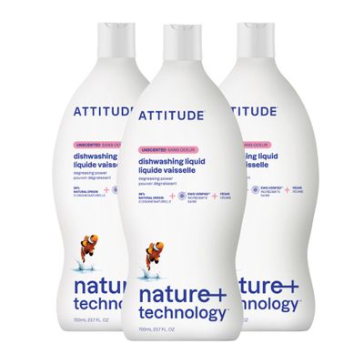 ATTITUDE Dish Soap, EWG Verified, Plant-Based & Vegan Dishwashing Liquid, Naturally Derived, Unscented, 23.7 Fl Oz (Pack of 3)