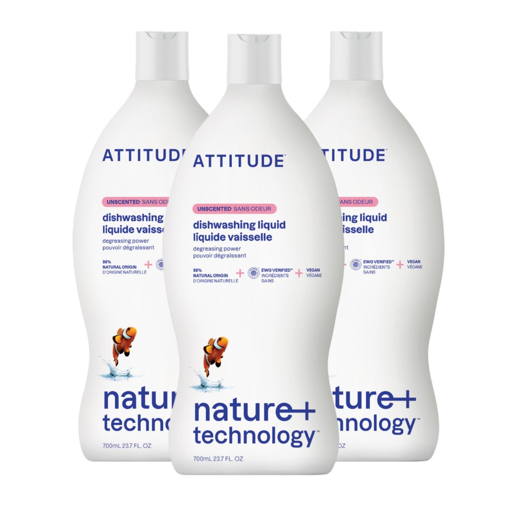 ATTITUDE Dish Soap, EWG Verified, Plant-Based & Vegan Dishwashing Liquid, Naturally Derived, Unscented, 23.7 Fl Oz (Pack of 3)