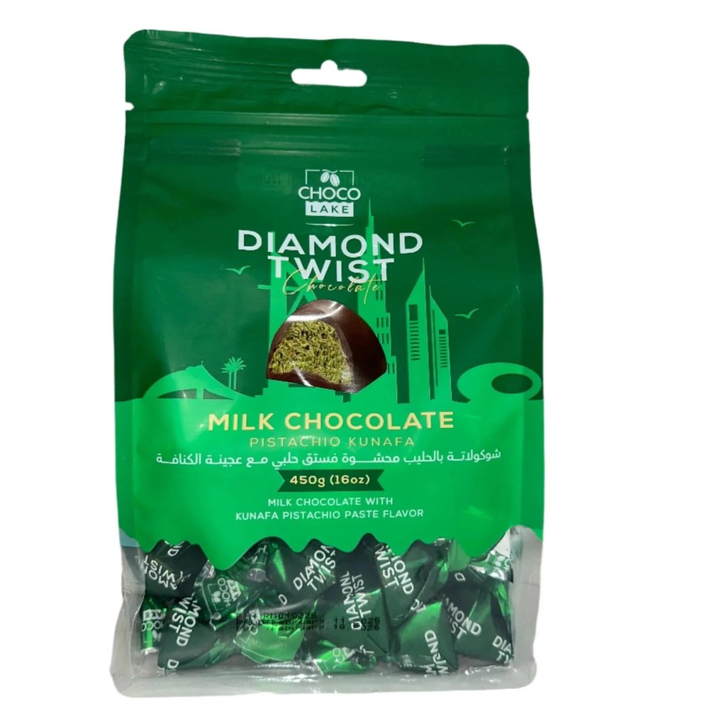 Dubai Style Diamond Twist Chocolate Pistachio Cream Filled 450g 60 Pieces Imported Luxury Chocolate