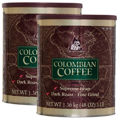 100% Colombian Ground Coffee Kirklan Dark Roast, Supremo Bean, Fine Grind, 3 lb Can Kosher Certified (2 PACK)
