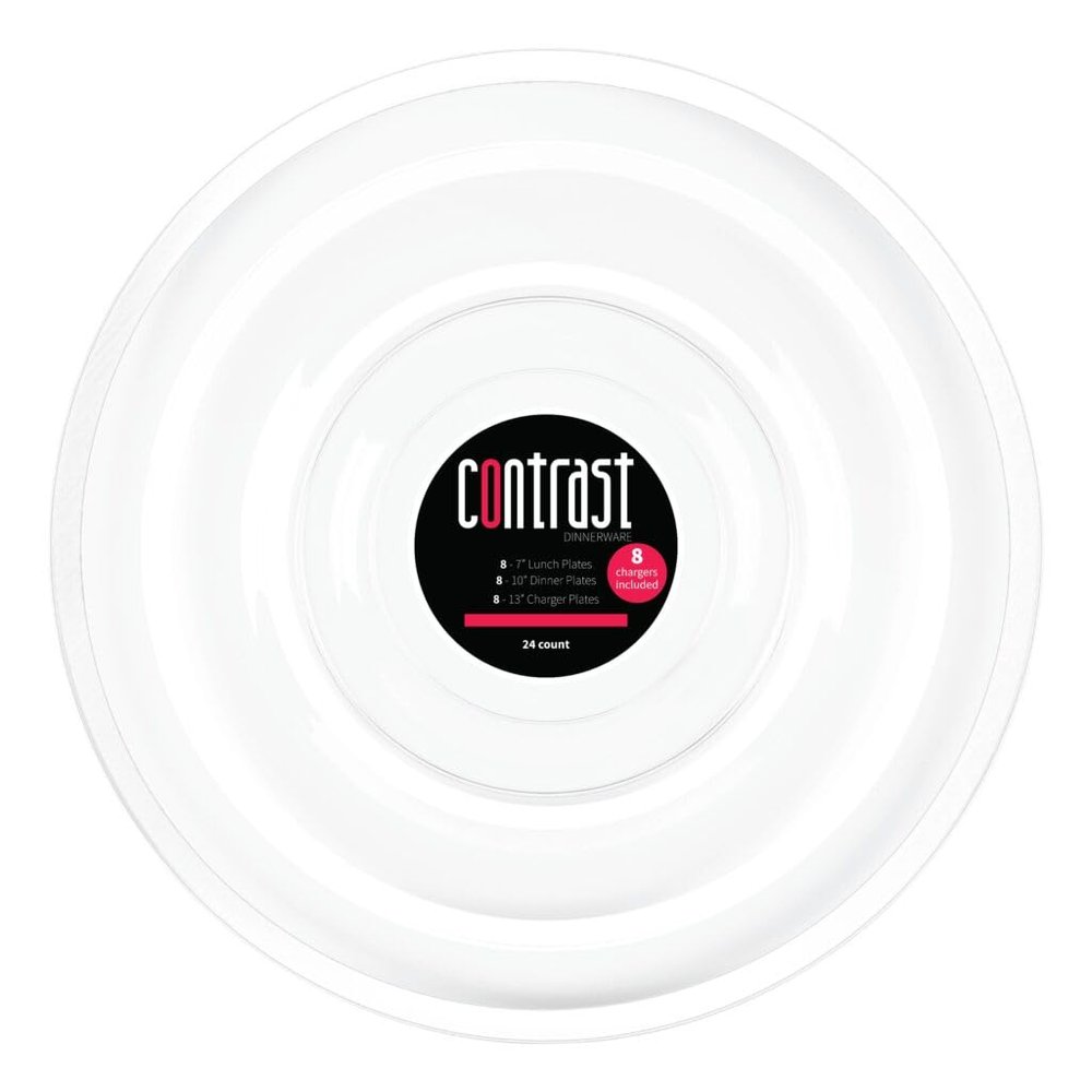 Contrast Clear/White Rim Combo Plates, 7, 10, 13 Inch, Case of 96 (4 packs x 24)