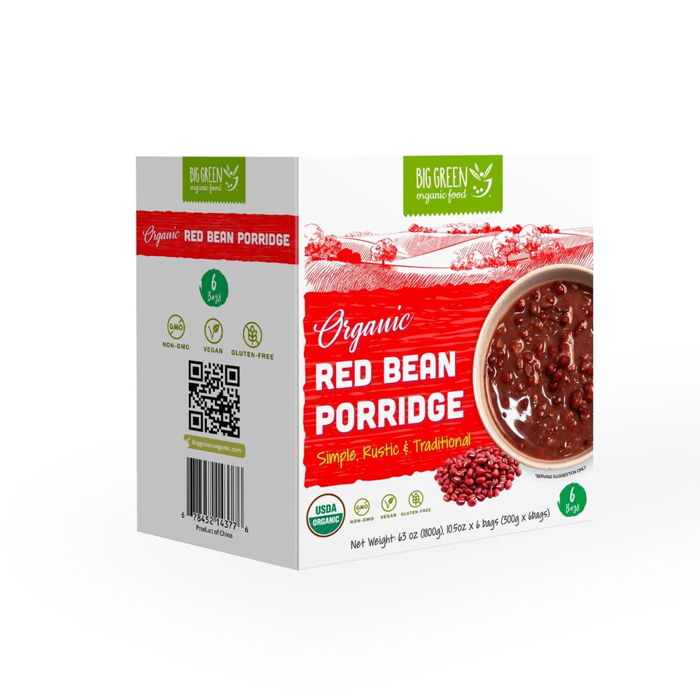Big Green Organic Food - Organic Red Bean Porridge, Whole Adzuki Beans, Unsweetened, Non-GMO, Gluten-Free, Vegan, Healthy Breakfast, Easy Instant Sweet or Savory Porridge Mix (6 Pack)