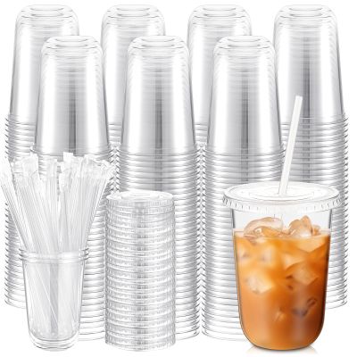 Ziliny 500 Sets Clear Plastic Cups with Lids and Straws, Disposable Iced Coffee Cups Drinking PET for Cold Drinks, Juice, Smoothie, Coffee Shops, Party, Christmas (16 oz,Clear)