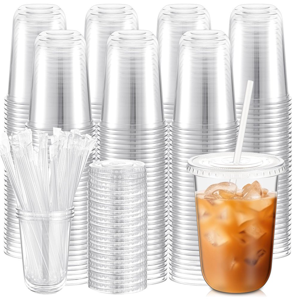Ziliny 500 Sets Clear Plastic Cups with Lids and Straws, Disposable Iced Coffee Cups Drinking PET for Cold Drinks, Juice, Smoothie, Coffee Shops, Party, Christmas (16 oz,Clear)