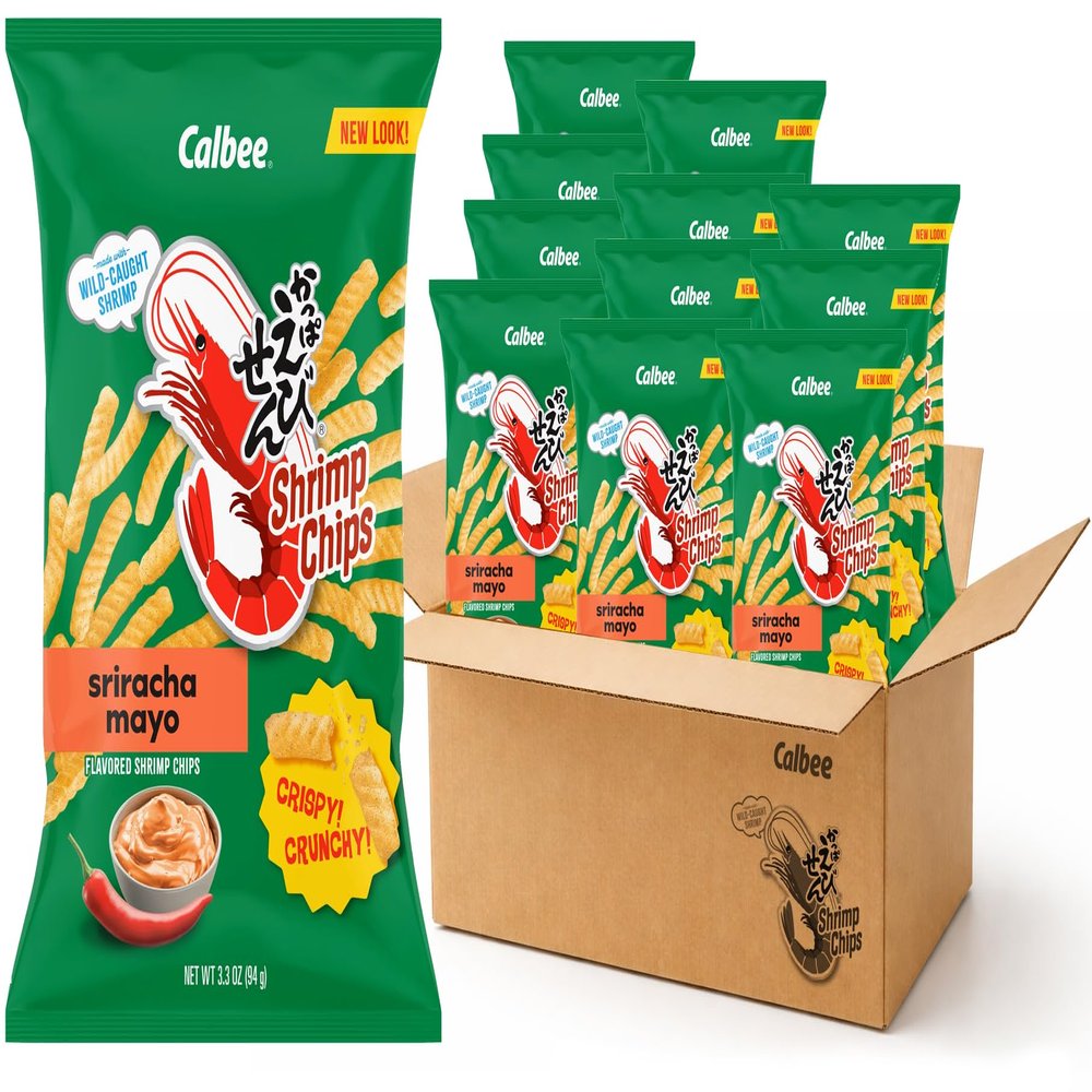 Calbee Shrimp Chips (Sriracha Mayo, 3.3 oz.) | 12-Pack | Japanese Chips Made With Real Wild-Caught Shrimp & Baked To Crunchy Perfection