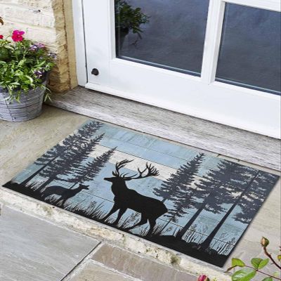 Non-Slip Front Door Mat, Elk Forest Mountain Animal Shadow Bath Rug, Farm Vintage Wood Board Welcome Doormats for Entryway/Bedroom/Bathroom Entrance,24x32In