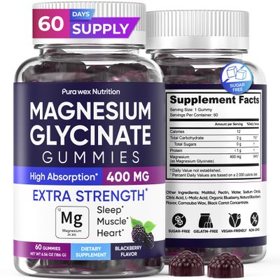 Magnesium Glycinate Gummies 400mg Extra Strength, BlackBerry Flavor (60 Count) - High Absorption Supplement for Adults, Kids, Women & Men, Muscle & Relaxation, Sugar-Free Vegan Chewable Non-GMO