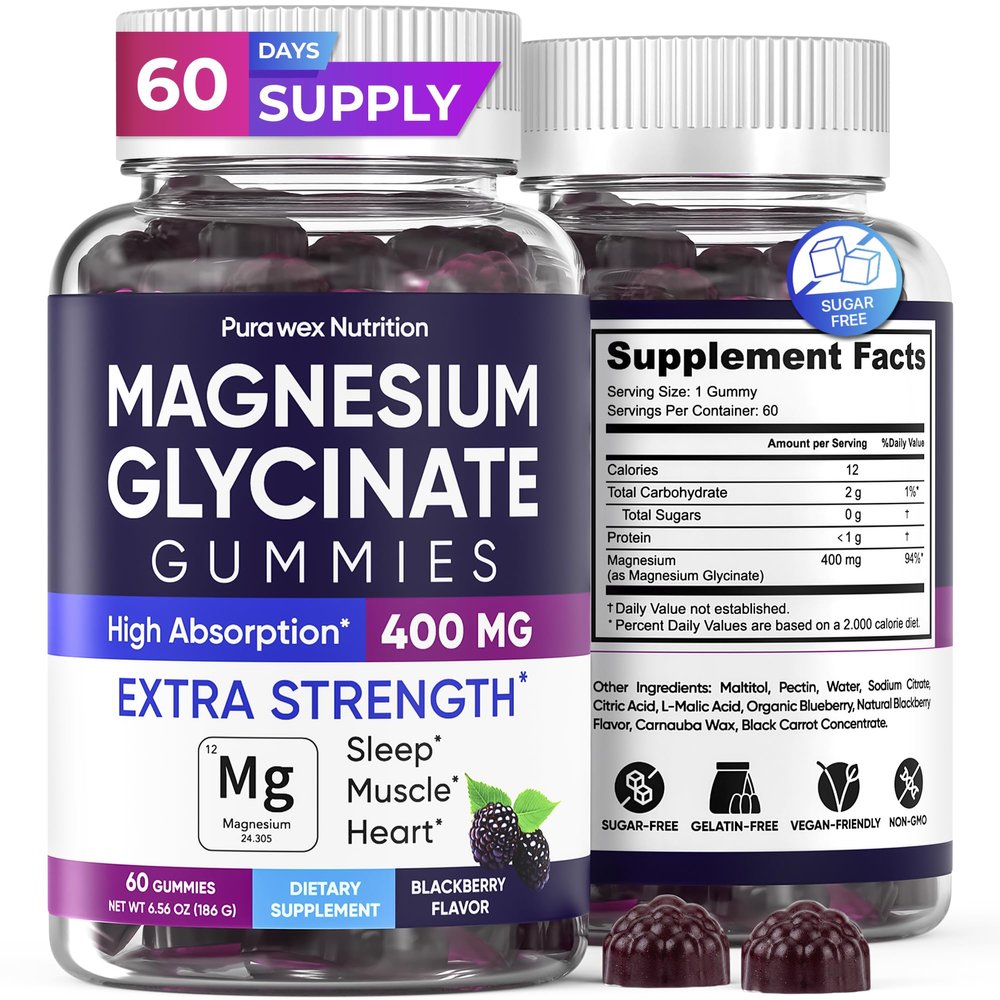 Magnesium Glycinate Gummies 400mg Extra Strength, BlackBerry Flavor (60 Count) - High Absorption Supplement for Adults, Kids, Women & Men, Muscle & Relaxation, Sugar-Free Vegan Chewable Non-GMO