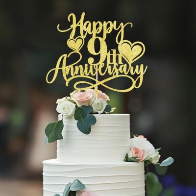 Dxsdgetue Gold Glitter Happy 9th Anniversary Cake Toppers