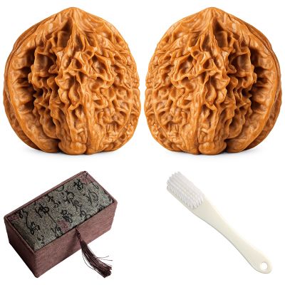 4.0-4.5cm Wenwan Walnut, Chinese Walnuts Set, Traditional Stress Relief Hand Fidget Tool for Office Workers and Adult, Lion Head Walnut Pair with Gift Box and Brush, Chinese New Year Gift Idea