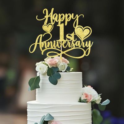 Dxsdgetue Gold Glitter Happy 1st Anniversary Cake Toppers - Wedding Anniversary Party, Company Anniversary Party, 1st Birthday Selected Decorations