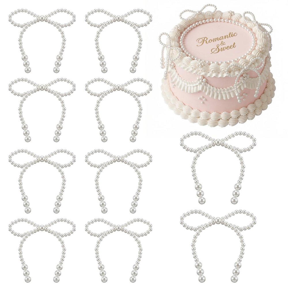10 Pcs Pearl Bow Decoration for Bouquets, Beaded Pearl Bow Cake Decor, Pearls Bridal Shower Decoration for Wedding Birthday Wrapper Flower Bouquet Accessories