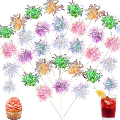 120Pcs Cocktail Picks Firework Toothpicks Cake Decorations Sparkle Tinsel Cupcake Toppers Party Picks for Holiday Party Favors