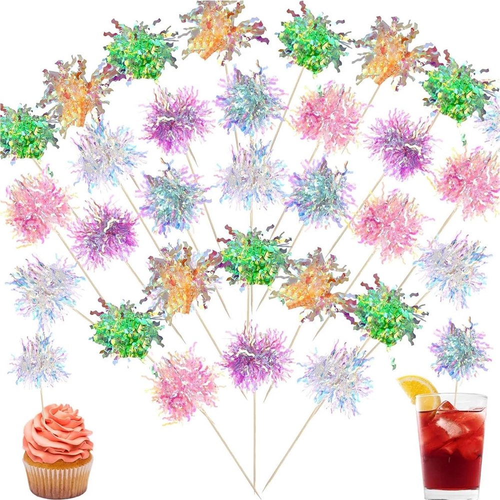 120Pcs Cocktail Picks Firework Toothpicks Cake Decorations Sparkle Tinsel Cupcake Toppers Party Picks for Holiday Party Favors