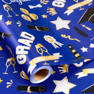 Burymento Graduation Wrapping Paper Roll - 17 in x 16.4 ft, Mini Roll - Blue Wrapping Paper for Graduation, Congrats Grad Caps and Diploma Gift Wrap for High School College University Senior Ceremony