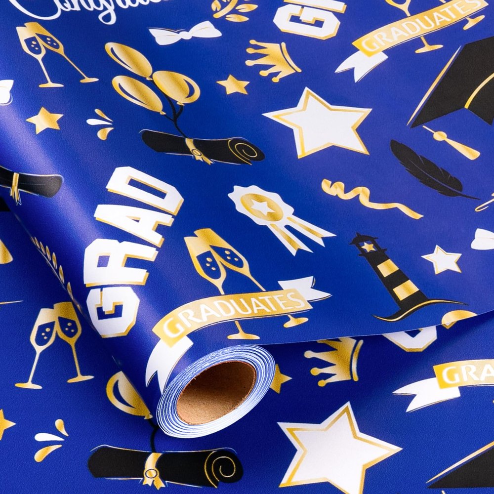 Burymento Graduation Wrapping Paper Roll - 17 in x 16.4 ft, Mini Roll - Blue Wrapping Paper for Graduation, Congrats Grad Caps and Diploma Gift Wrap for High School College University Senior Ceremony