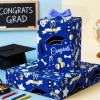 Burymento Graduation Wrapping Paper Roll - 17 in x 16.4 ft, Mini Roll - Blue Wrapping Paper for Graduation, Congrats Grad Caps and Diploma Gift Wrap for High School College University Senior Ceremony view 2
