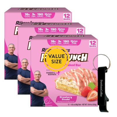 High Protein Baked Snack Bars, Strawberry Strudel Flavor, 12 Bars 1.62 oz each (Pack of 3) Soft Chewy Protein Snack with Dumbass Coffee Bottle Opener Keychain (Strawberry Strudel) Keychain