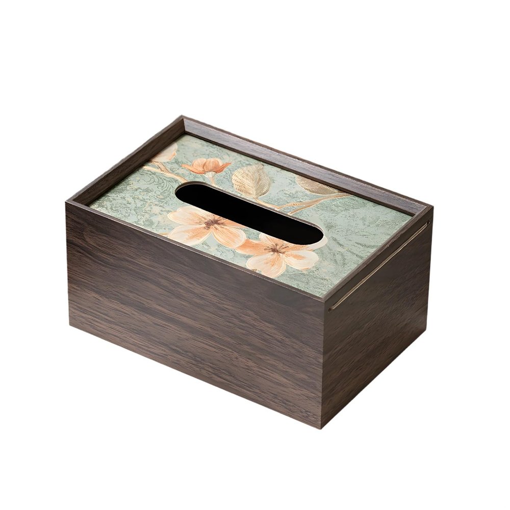 Machify Floral Tissue Box, Black Walnut Wood Grain, Decorative Napkin Holder for Home, Living Room, Office, Hotel, 7.8 X 5 X 3.7 in