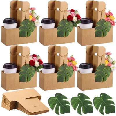 Mifoci 24 Sets Hawaiian Drink Carrier with Handle Bulk Tropical Luau 2 Cup Disposable Paper Cup Holder with Monstera Leaves for Hot or Cold Drinks Coffee Delivery Summer Aloha Wedding Party Supplies