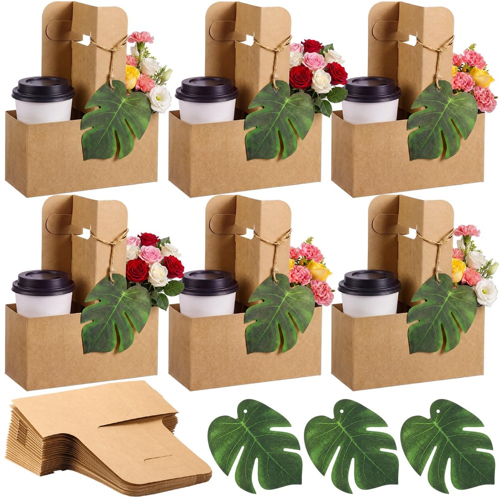 Mifoci 24 Sets Hawaiian Drink Carrier with Handle Bulk Tropical Luau 2 Cup Disposable Paper Cup Holder with Monstera Leaves for Hot or Cold Drinks Coffee Delivery Summer Aloha Wedding Party Supplies