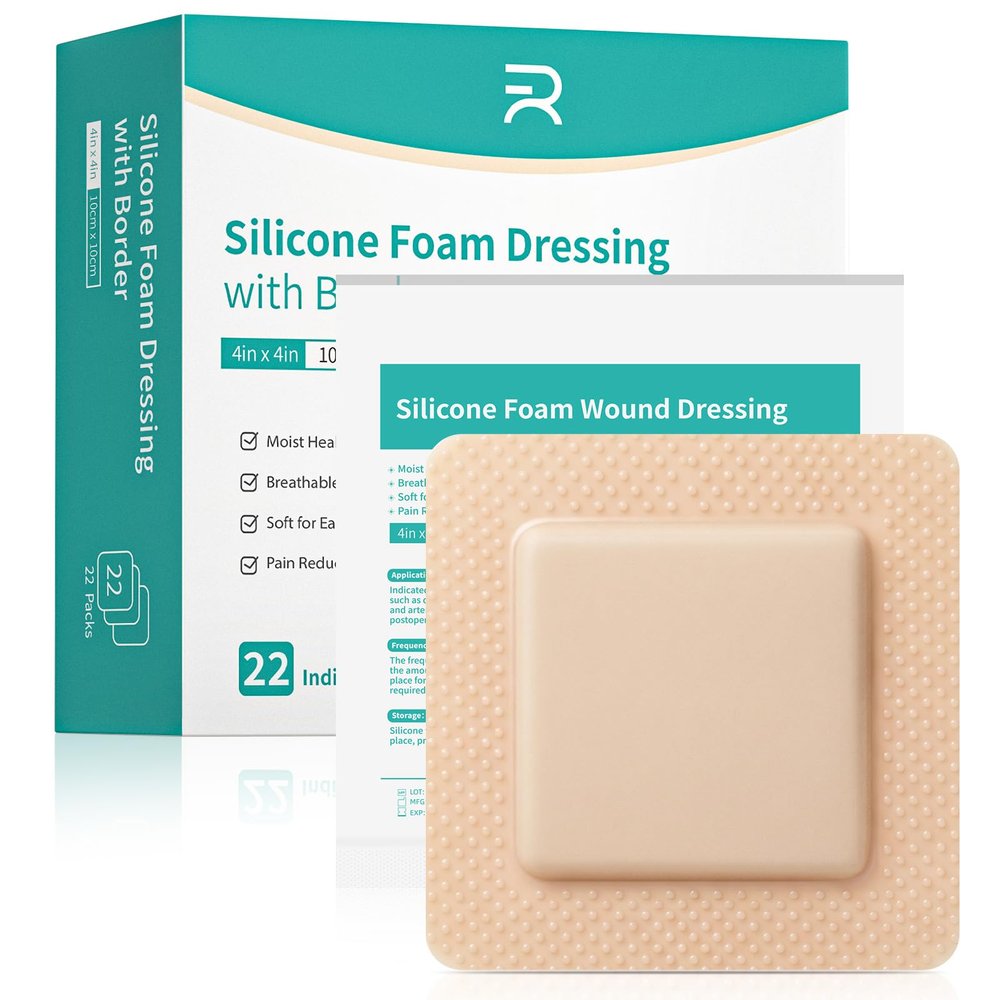 Silicone Foam Dressing with Gentle Border, 4''x4'', 22 Pack Waterproof Silicone Bandages for Wound Care, High Absorbent Self Adhesive Bed Sore Patches
