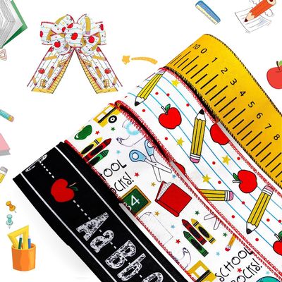 4 Rolls Back to School Ribbon,ABCPencilAppleYellow Ruler Ribbon,2.5 Inch 20 Yards Fabric Wrapping Ribbons for Bow Wreath Party Home Decor