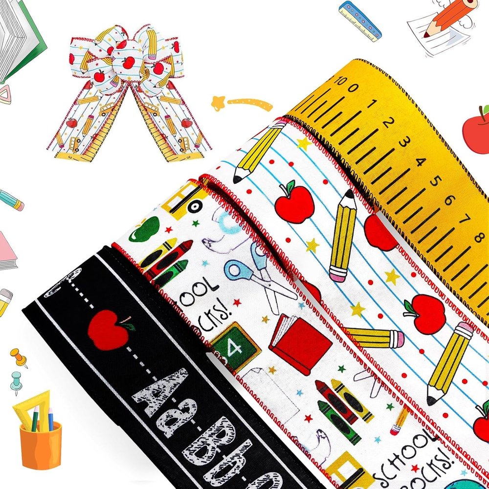 4 Rolls Back to School Ribbon,ABCPencilAppleYellow Ruler Ribbon,2.5 Inch 20 Yards Fabric Wrapping Ribbons for Bow Wreath Party Home Decor