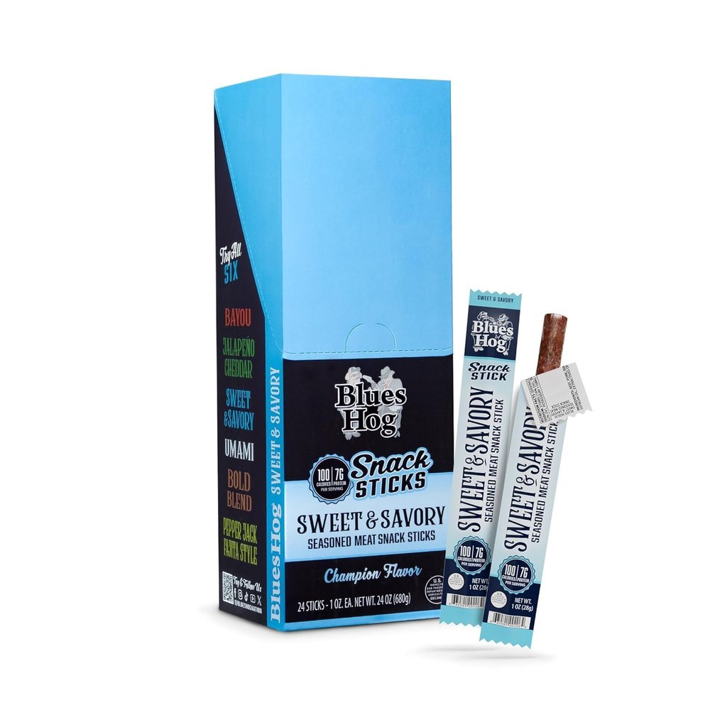 Blues Hog Sweet & Savory Seasoned Meat Snack Stick, Premium Beef & Pork Smoked Snack, Beef Jerky Sticks, High Protein Keto Snacks, Made in the USA (24ct, Sweet & Savory)