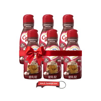 Mocha Peppermint Non Dairy Coffee Creamer, Liquid Creamer, (1 Case, 6-Pack) with K-Tech USA Keychain