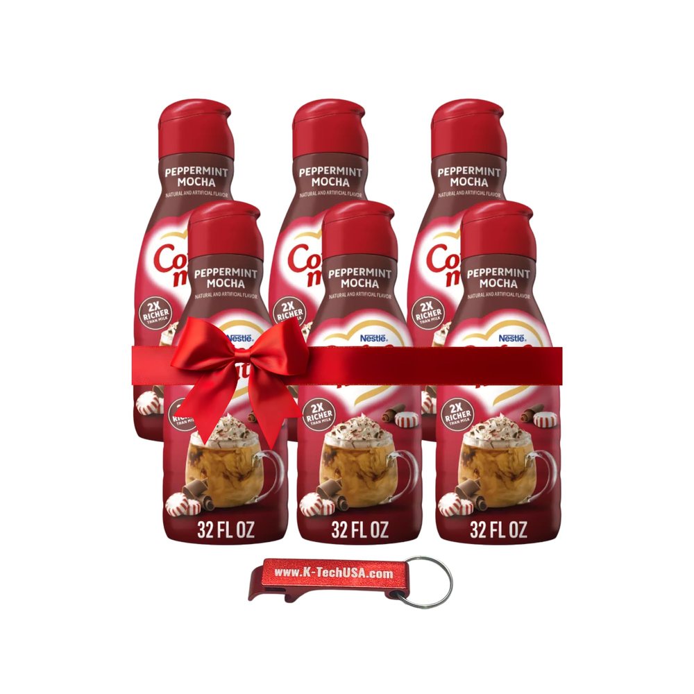 Mocha Peppermint Non Dairy Coffee Creamer, Liquid Creamer, (1 Case, 6-Pack) with K-Tech USA Keychain