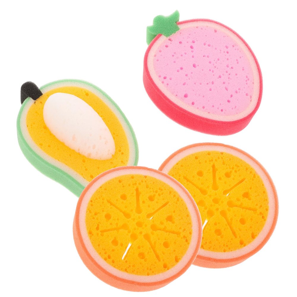 Balacoo 4pcs Cartoon Fruit-Shaped Kitchen Scrub Sponges Thickened Cleaning Cloths for Dishwashing, Multi-Color Citrus Orange, Strawberry, Mango, Non-Scratch Household Cleaning Supplies