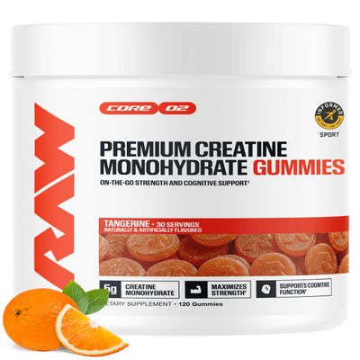 RAW Nutrition Creatine Gummies, Tangerine, 5g Creatine Monohydrate Per Dose, Supports Strength & High-Intensity Performance, No Mixing Chewable Pre/Post Workout Supplement, 120 Gummies (30 Servings)