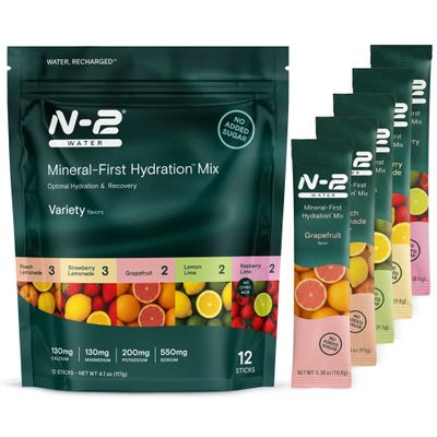 n-2 water Mineral Hydration Packets Electrolyte Powder Drink Mix with Calcium, Magnesium, Potassium No Added Sugar, Natural Ingredients - Variety Pack (12 Packets)