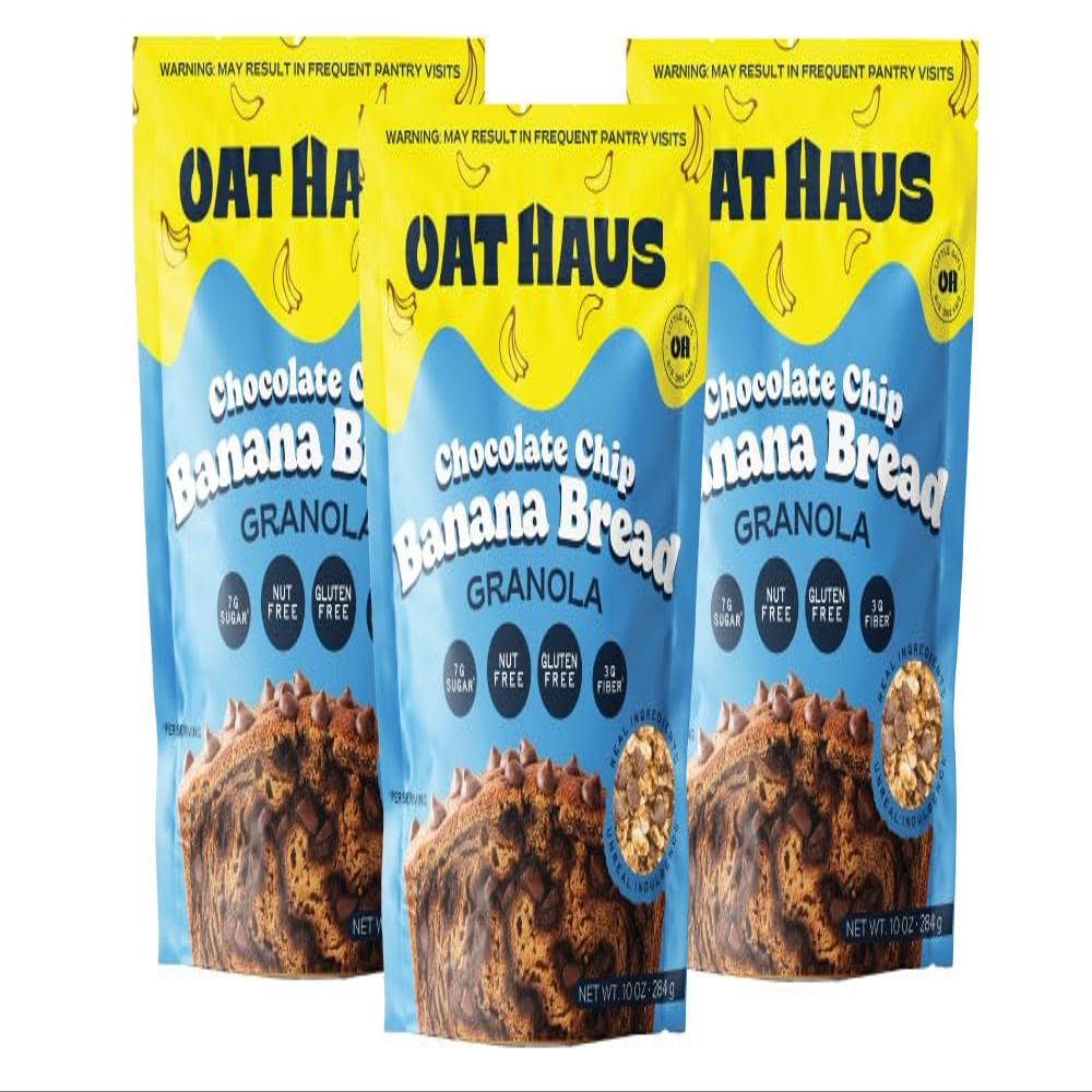 Oat Haus Chocolate Chip Banana Bread Granola 3 Pack Low Sugar (7g), 3g Fiber, Gluten Free, Vegan, Nut-Free, Seed Oil Free Banana Cinnamon Crunch, Resealable Pouch