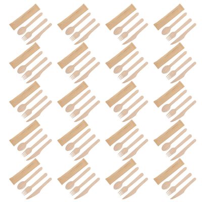 WESIEVYA Wooden Cutlery Set 20pcs Disposable Tableware Set Biodegradable Fork Spoon Knife Eco-friendly Flatware for Party Picnic Takeaway