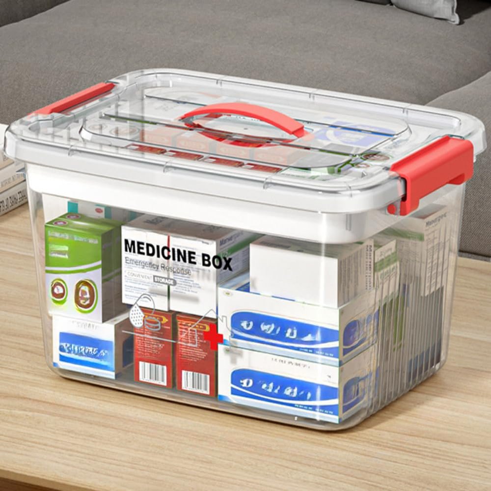 10QT White/Clear Medicine Storage Box Organizer with Detachable Tray,Portable First Aid Bin Thickened Plastic Emergency Container Chest,Multipurpose Travel Medical Case (Clear,11.428.276.3inch)