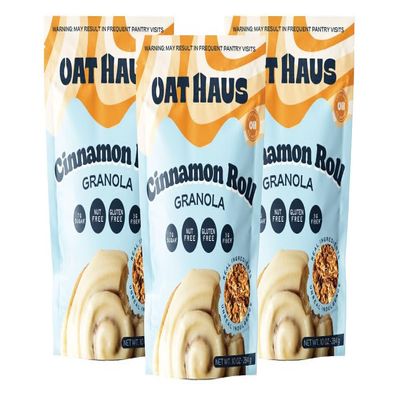 Oat Haus Cinnamon Roll Granola 3 Pack Low Sugar (7g), 3g Fiber, Gluten Free, Vegan, Nut-Free - Cinnamon Swirl Frosted Crunch, Resealable Pouch