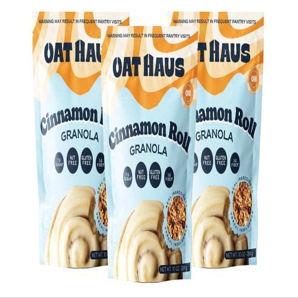 Oat Haus Cinnamon Roll Granola 3 Pack Low Sugar (7g), 3g Fiber, Gluten Free, Vegan, Nut-Free - Cinnamon Swirl Frosted Crunch, Resealable Pouch