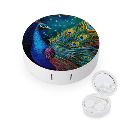 BTCOWZRV Colored Peacock Contact Lens Case with Mirror, Portable Contact Lens Box with Solution Bottle, Glasses Travel Holder with Tweezers, Contact Case Storage for Women Men