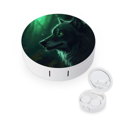 BTCOWZRV Green Wolf Contact Lens Case with Mirror, Portable Contact Lens Box with Solution Bottle, Glasses Travel Holder with Tweezers, Contact Case Storage for Women Men