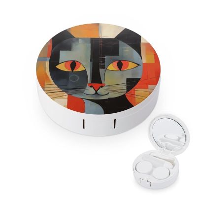 BTCOWZRV Orange Red Eyes Cat Contact Lens Case with Mirror, Portable Contact Lens Box with Solution Bottle, Glasses Travel Holder with Tweezers, Contact Case Storage for Women Men