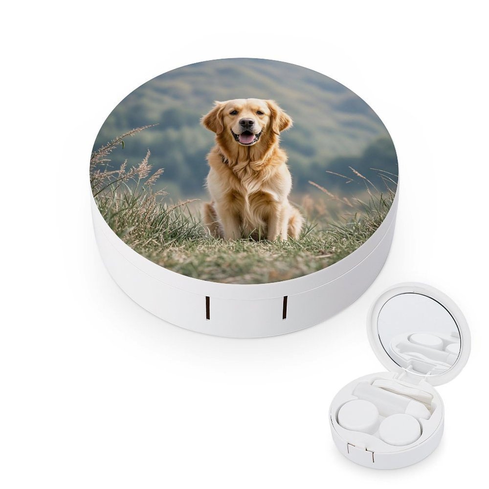 BTCOWZRV Golden Retriever Dog Contact Lens Case with Mirror, Portable Contact Lens Box with Solution Bottle, Glasses Travel Holder with Tweezers, Contact Case Storage for Women Men