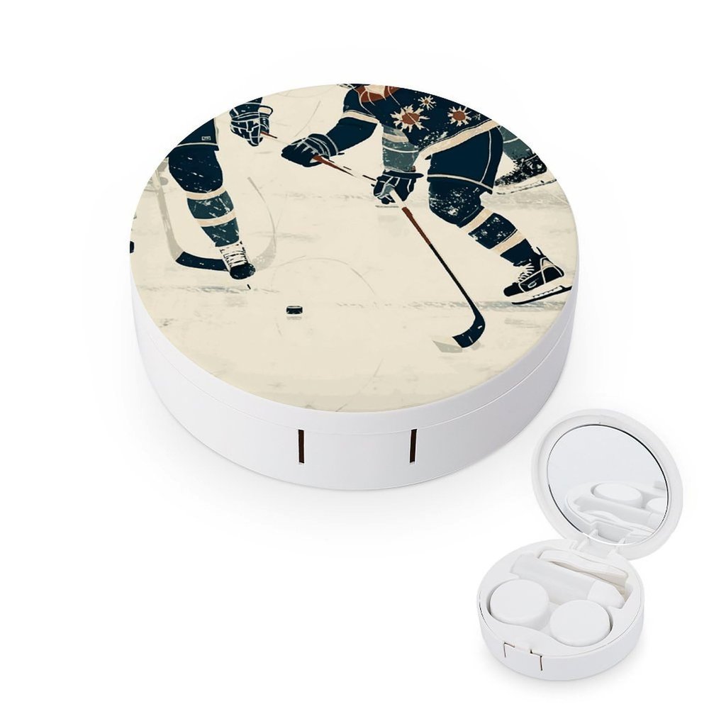 BTCOWZRV Ice Hockey Pattern Contact Lens Case with Mirror, Portable Contact Lens Box with Solution Bottle, Glasses Travel Holder with Tweezers, Contact Case Storage for Women Men